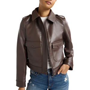Nueva moda de invierno chaquetas de mujer de longitud corta motocicleta botón abajo traje de gran tamaño recortado chaquetas de cuero genuino - Product Image 2