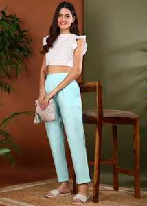 Pantalon en coton bleu doux et respirant pour femmes, avec poche fonctionnelle, coupe régulière, conçu pour un usage quotidien, décontracté, de bureau, de voyage - Product Image 2