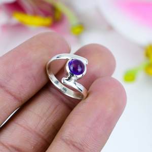 Sterling Silver Amethyst Solitaire <b>Ring</b> Round Purple Cabochon Minimalist Open Band Gemstone Jewelry For <b>Women</b> - Product Image 1