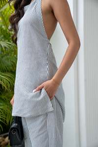 ชุดสองชิ้นลำลองสำหรับผู้หญิงกางเกงพิมพ์ลายทางผ้าลินินเนื้อนุ่มพร้อมลูกไม้และกระดุมตกแต่งสไตล์ตะวันตก - Product Image 3