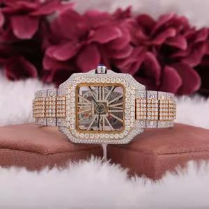 Reloj de diamante de moissanita de dos tonos de alta calidad, banda de acero inoxidable de 20mm, esfera analógica de lujo exquisita, Cara de cristal cuadrada de esqueleto - Product Image 1