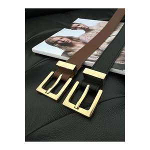 Ceinture pour femme à boucle carrée 2 pièces, ceinture pour pantalon, ceinture pour veste, ceinture pour robe - Noir et beige - Or - Product Image 2