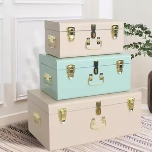 Beautify Gray Vintage Style Steel <b>Metal</b> <b>Storage</b> <b>Trunk</b> Set Lockable and Decorative With Rose Gold Handles - Product Image 1