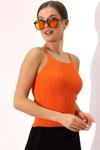 Women's Orange Rib Knit Sleeveless <b>Cami</b> <b>Top</b> O-Neck Casual Solid Color Breathable Stretch Fit Summer Wear - Product Image 3