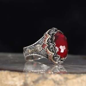 Bague pour homme de style ottoman de haute qualité en argent sterling 925 avec pierre d'agate naturelle de Yamen Azuris VALKH1782 - Product Image 2