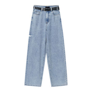 Pantalones Vaqueros de Mezclilla Vintage de Cintura Alta y Corte Ajustado para Mujer, 100% Algodón, Lavado Claro, Estilo Carpintero - Product Image 1