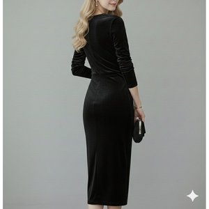 Vestido Midi de Terciopelo para Mujer, Manga Larga, Cuello Cruzado, Detalle Cruzado en la Parte Delantera, 31159 - Product Image 4