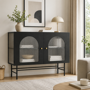 Buffet et armoire latérale en métal noir, meuble de style antique moderne, <span class=keywords><strong>table</strong></span> de buffet en métal avec portes en verre arqué - Product Image 1