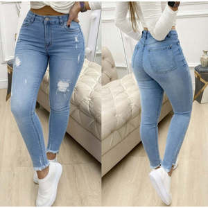 Jeans ajustados de cintura alta con diseño rasgado para mujer, 31060 - Azul - Product Image 1