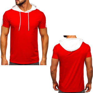 OEM Men's 60% Cotton 40% Polyester Short-Sleeve Hoodie Drawstring <b>Pockets</b> Solid Pattern Knitted Hooded Breathable Autumn - Product Image 2