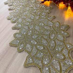 Luxury Handmade Floral <b>Table</b> <b>Runner</b> Gold and Silver Crystal Bead <b>Runner</b> for Wedding Decor Knitted Technics - Product Image 4