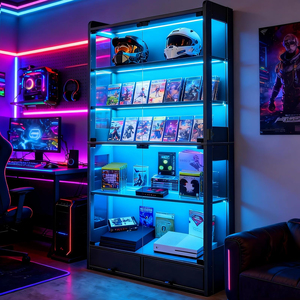 Vitrine de présentation de figurines en gros avec éclairage LED, étagères en verre trempé, 2 tiroirs, mobilier de salle de jeux, vitrine pour objets de collection - Product Image 2
