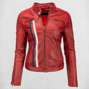 C'est une veste de motard classique matelassée en cuir d'agneau beige et orange pour homme. - Product Image 3