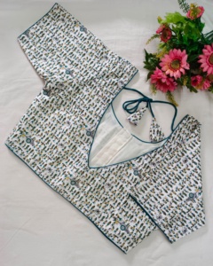 Beautiful V-Neck Formal Summer Blouse with Natural Dye Handblock <b>Warli</b> Print Embroidery Lining Modest Tops by Astar - Product Image 4