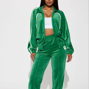 Fitted Sporty <b>y2k</b> Velour Gym Running Exercise Workout 2 Pieces Sets Full <b>Zip</b> <b>up</b> <b>Hoodies</b> Women Skinny Jogging Sets Sweatpants - Product Image 1