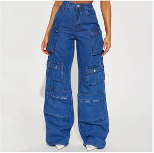 Pantalons en jean cargo à taille haute pour femmes en gros, pantalons en jean cargo à jambes larges, vêtements de rue, mode, pantalons en jean cargo pour femmes - Product Image 6