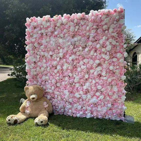 8ft x 8ft 3D özel kumaş gül sıra yapay pembe şakayık zemin Roll Up perde çiçek duvar düğün dekor için