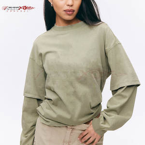 Camiseta de lona de doble capa de moda para mujer Estilo casual con ribete de contraste y silueta holgada - Product Image 5