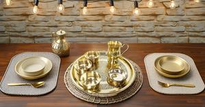 Juego de cena indio tradicional bellamente hecho a mano, cuencos de plato Thali duraderos, cuchara de cristal con vajilla de latón para regalos - Product Image 5
