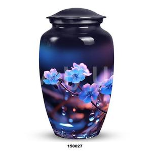 อัฐิสำหรับผู้ใหญ่เถ้ากระดูกอลูมิเนียมขนาดใหญ่ลายดอกไม้สีฟ้าพร้อมถุงกำมะหยี่ฟรี - Product Image 1
