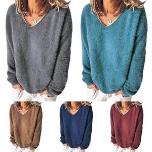 <b>Womens</b> V-Neck Fluffy Sweatshirt Ladies Casual <b>Tops</b> Pullover Jumper Plain Solid Pullover <b>Fleece</b> Long Sleeve Sweatshirt RRI-WSS-25 - Product Image 6