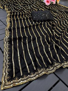 Magnifique et élégant sari en soie noir à motifs multiples et séquences brodées, long et tendance, avec pièce de chemisier, pour adulte. - Product Image 5