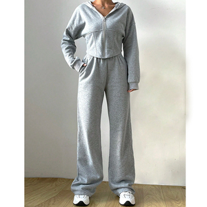 Vente en gros Automne 100% Coton Sweat à capuche à fermeture éclair et cordon de serrage Ensemble de survêtement surdimensionné Deux pièces Jogging Ensemble de fitness Survêtement personnalisé - Product Image 1