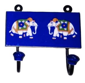 Beads Art Rustic Blue Elephant Tile Cast Iron Ceramic Multifunction <b>Wall</b> <b>Mounted</b> Coat Hooks & <b>Rails</b> - Product Image 1