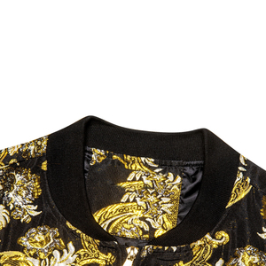 แจ็กเก็ตบอมเบอร์สำหรับผู้ชายแจ็กเก็ตนักบินลายดอกไม้สีทองดีไซน์ใหม่ล่าสุด - Product Image 2