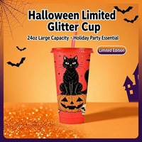 Gobelets personnalisés 24oz à paillettes pour Halloween avec couvercle et paille – Gobelets réutilisables en plastique pour la vente en gros – Vaisselle de fête Sugar Skull