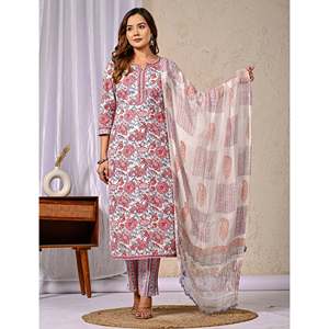 ชุดคุรตะผ้าฝ้ายสีขาวพร้อมกางเกงขายาว แขนสามส่วน ลายพิมพ์บล็อก เหมาะสำหรับใส่ในชีวิตประจำวัน - Product Image 4