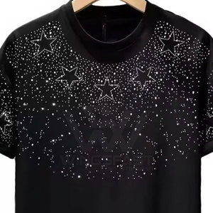 Camisetas estampadas con diamantes de imitación de ajuste holgado de color sólido, ropa de calle 100% algodón, camiseta con diamantes de imitación para hombre - Product Image 3