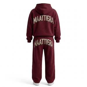 Conjunto de Sudadera con Capucha y Pantalones Anchos de Felpa Color Granate para Mujer, Estilo Casual Urbano, Dos Piezas - Product Image 4