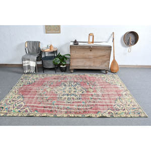 Alfombra turca vintage rojo beige 5,1x7,8 pies diseño de retazos de lana de área grande para pasillo o dormitorio con respaldo de látex - Product Image 1