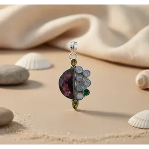 Collar con Colgante de Plata 925 con Piedras Preciosas para Mujer, Joyería Única con Rubí y Esmeralda, Colgantes con Baño de Oro Rosa y Rodio - Product Image 1