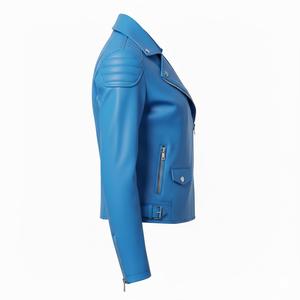Veste de moto en cuir véritable bleu de qualité supérieure pour femmes, vente en gros personnalisée, prix d'usine, style motard, manteau pour femmes, service OEM - Product Image 4