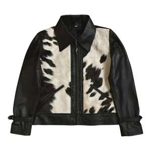 New Arrival Brown And <b>White</b> Cow Hair On Leather Biker Style men <b>Jacket</b> Trucker <b>Denim</b> Style leather <b>jacket</b> for men - Product Image 1