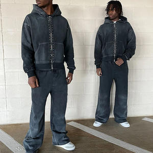 Pantalones de chándal acampanados con diamantes de imitación coloridos con cremallera desgastada personalizada OEM y conjuntos de sudadera para hombre, ropa de calle, chándal lavado con ácido - Product Image 5