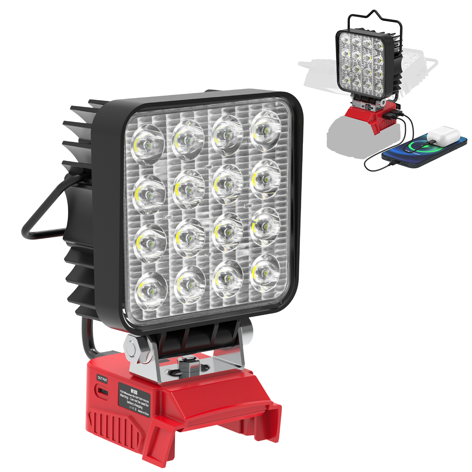 48W Waterproof Cordless LED Working Light Compatible with Milwaukee 18V Battery for Emergency