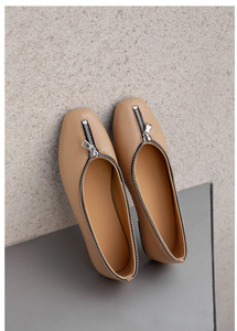 รองเท้าส้นเตี้ยหนังแท้สีเบจสำหรับผู้หญิงรองเท้าบัลเล่ต์มีซิปที่ไม่ซ้ำใครใส่สบายสำหรับฤดูหนาว - Product Image 2