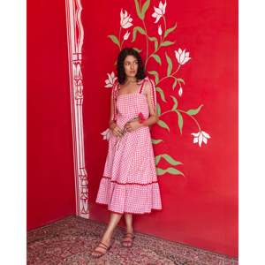 Vestido de Verano Rosa con Estampado de Cuadros, Cuello Cuadrado, Elegante, Casual, Largo hasta el Suelo, Diseño Transpirable con Mangas Abullonadas, para Cualquier Temporada, Talla XS, 2 Piezas - Product Image 1