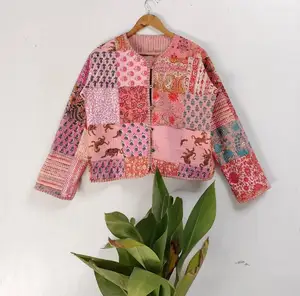 Chaquetas Kantha con estampado de bloque de mano de algodón indio, chaquetas de invierno de algodón puro para mujer