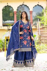 Lancement de la nouvelle collection moderne de tenues de fête Kurti Plazzo avec dupatta en soie chiffon imprimée et brodée - Product Image 3