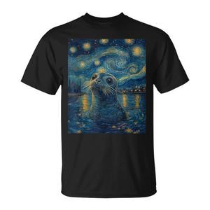T-shirt promozionale con grafica Notte stellata di Van Gogh e simpatico focaio leone marino - Product Image 1