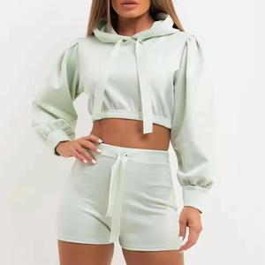 Custom Logo Winter Solid 100% Cotton Crop <b>Top</b> Hoodie Short Set Women Zipper Biker 2 Piece Jogger Set - Product Image 6