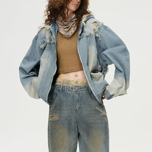Veste en jean de blé ligne délavée à l'acide pour femme Logo personnalisé et veste à capuche zippée en denim de haute qualité - Product Image 2
