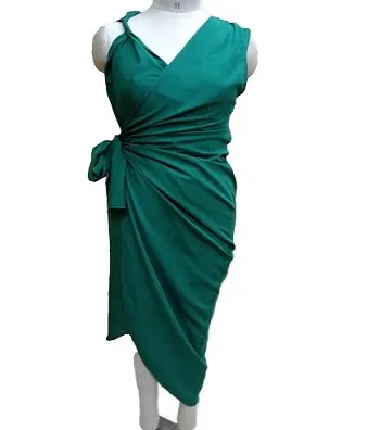 Asymmetric Knee length draped waist tie dress with asymmetric shoulder strap party wear lounge wear cotton dress