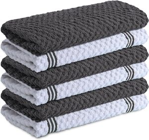 Ensemble de torchons de cuisine en coton éponge floral, rectangulaires, lavables en machine, tissés, séchage rapide, compressés, gris foncé et blanc, lot de 6 - Product Image 1
