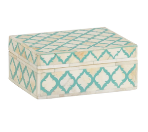 Boîte à bijoux marocaine en incrustation d'os aqua avec un superbe design géométrique en treillis, disponible à prix de gros. - Product Image 1