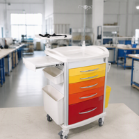 Chariot médical d'urgence professionnel moderne pour hôpital, avec verrouillage centralisé, en ABS, 5 tiroirs, support pour perfusion et étagère pour défibrillateur